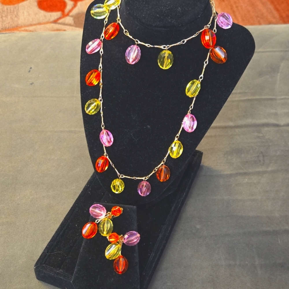 Vintage Lucite Bright "Gemstone" Necklace w/ Matching Earrings, West Germany